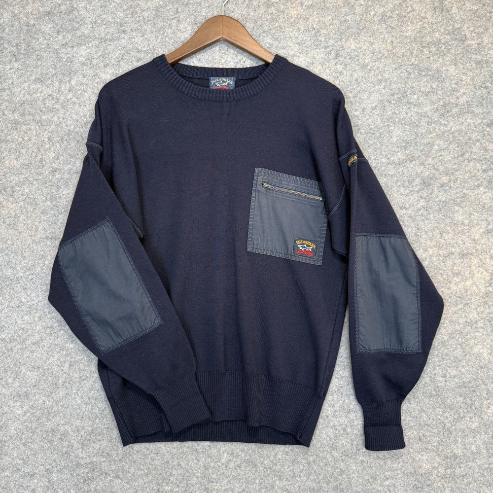 Paul & Shark Yachting Wool Sweater Mens Medium Heavy Knit Zip Pocket Navy Italy‎